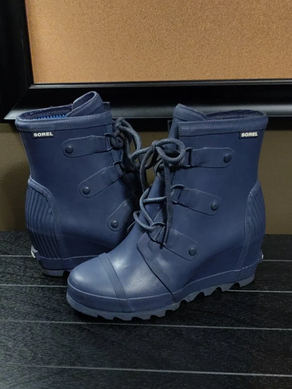Sorel Joan Lace Up Rain Wedge Boots Blue Women's SIZE US 8.5